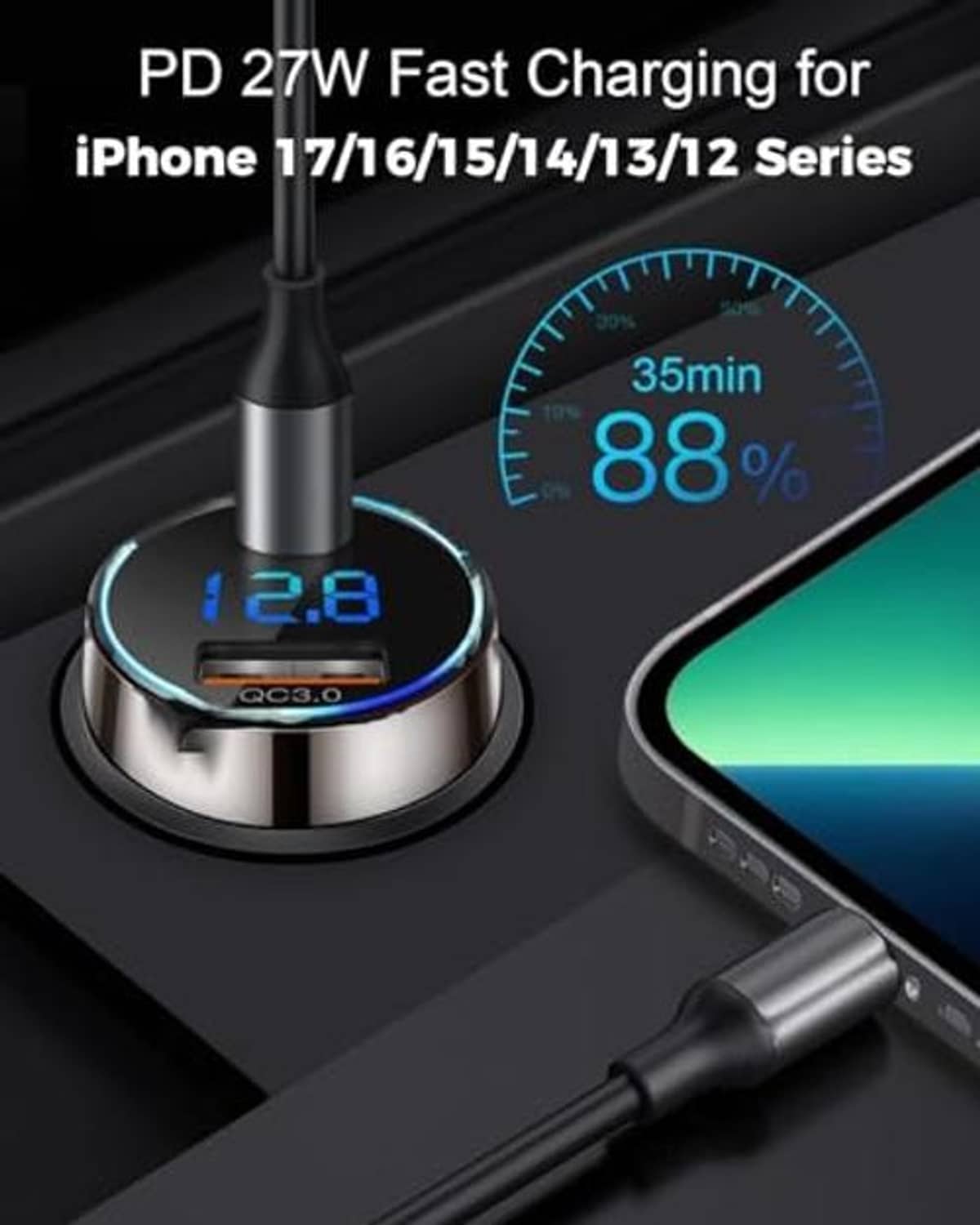 Black car USB-C charger with circular LED display and USB-C cable connected