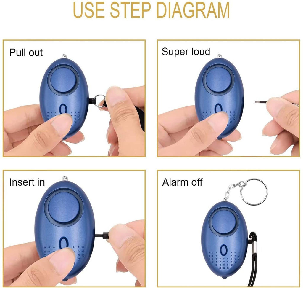 Blue personal security alarm fob shown with pull out and insert step panels