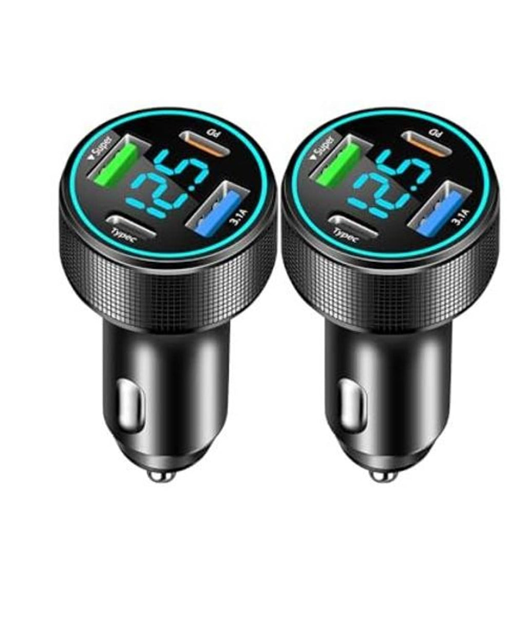 Two-pack USB-C car charger adapters with LED voltage display, four charging ports each