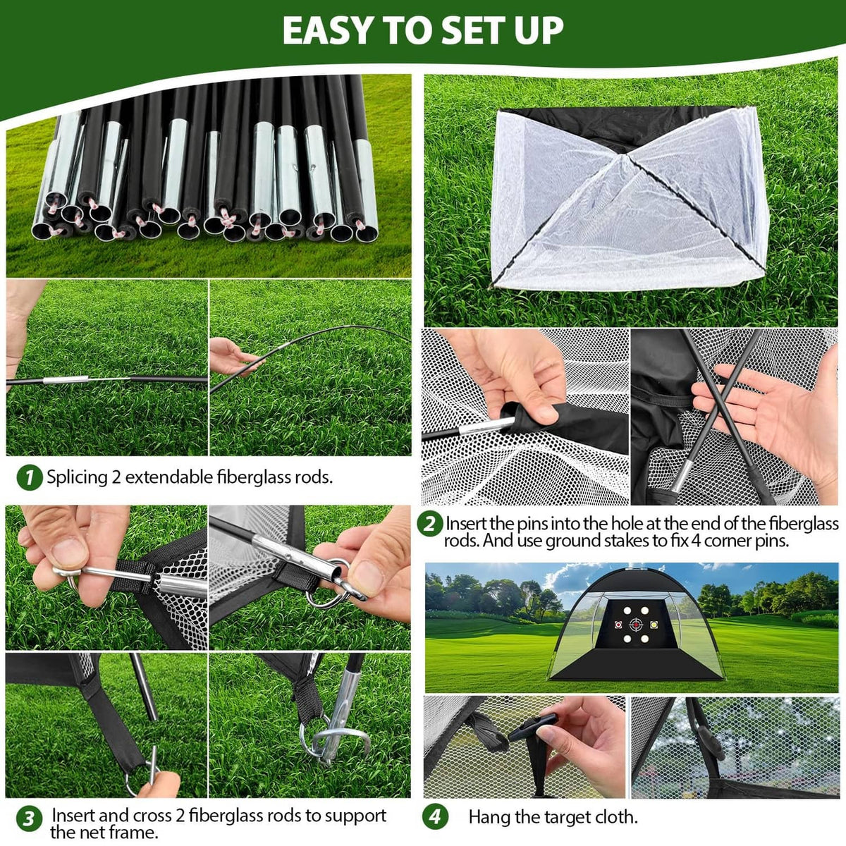 Golf practice net setup with extendable fiberglass rods and bundled ground stakes