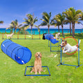 Blue and black dog agility training set with tunnels, hurdles, and hoop ring
