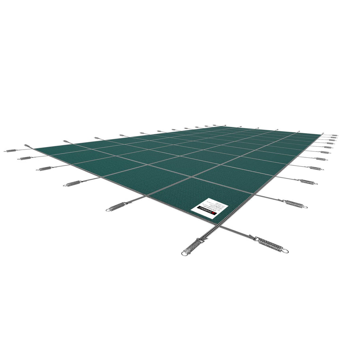 Green inground pool safety cover with grid mesh and corner anchor straps