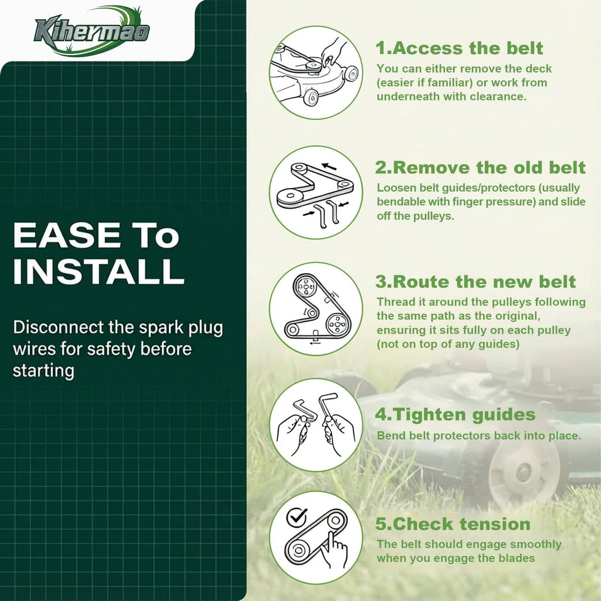 Ease-to-install deck belt instruction panel showing five removal and routing steps.