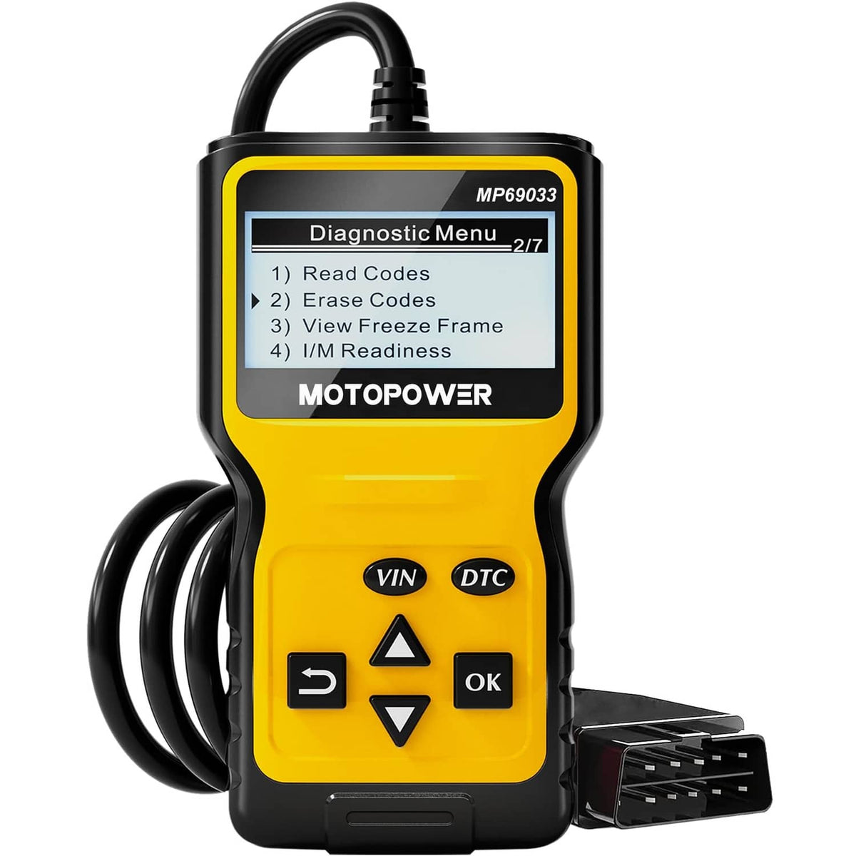 Car OBD2 diagnostic scanner with yellow handheld body and black button keypad