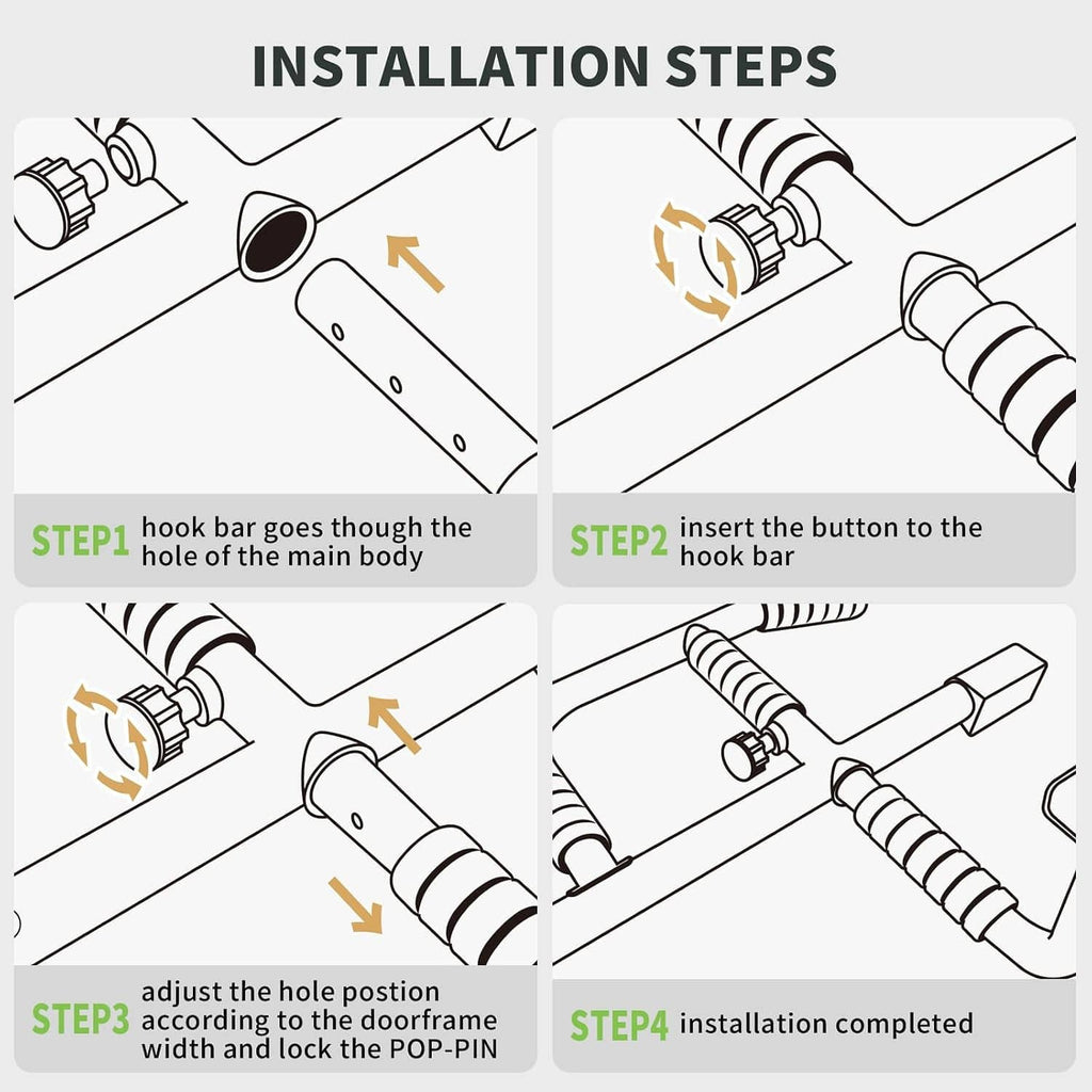 Doorway pull-up bar installation steps diagram with hook bar and button assembly