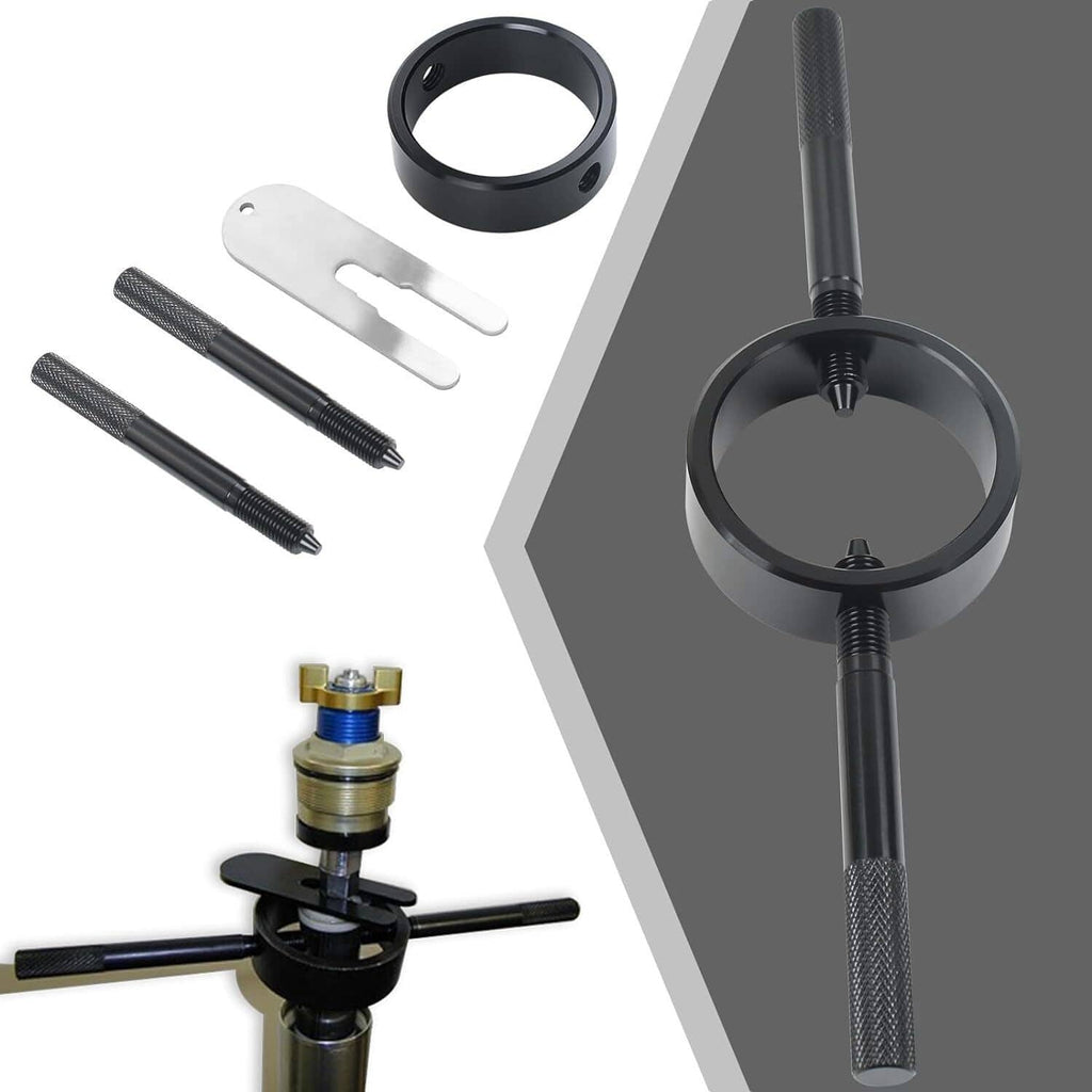 Motorcycle fork spring compressor kit with black ring, textured handle, screws, and silver gauge