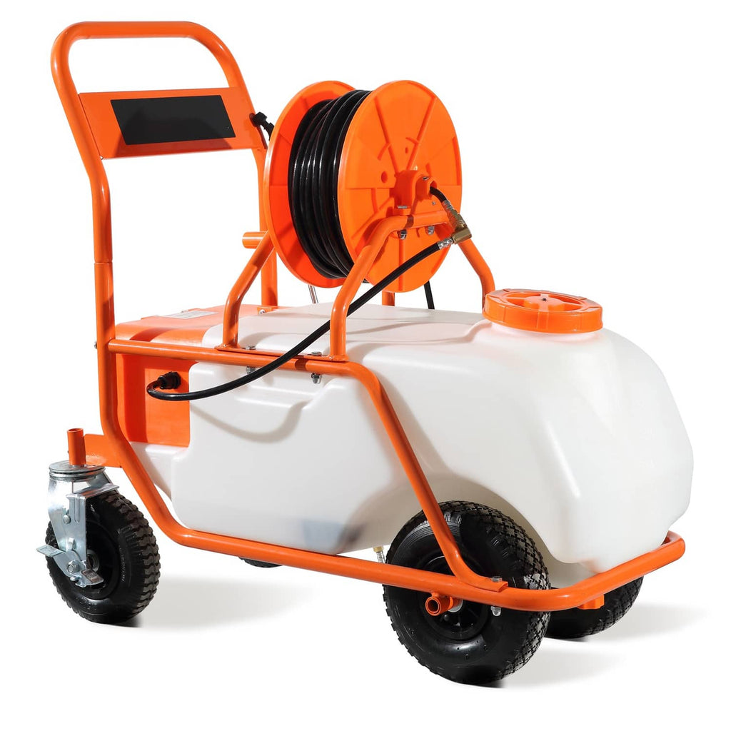 Battery-powered lawn sprayer cart with 15-gallon white tank, orange frame, hose reel, wheels