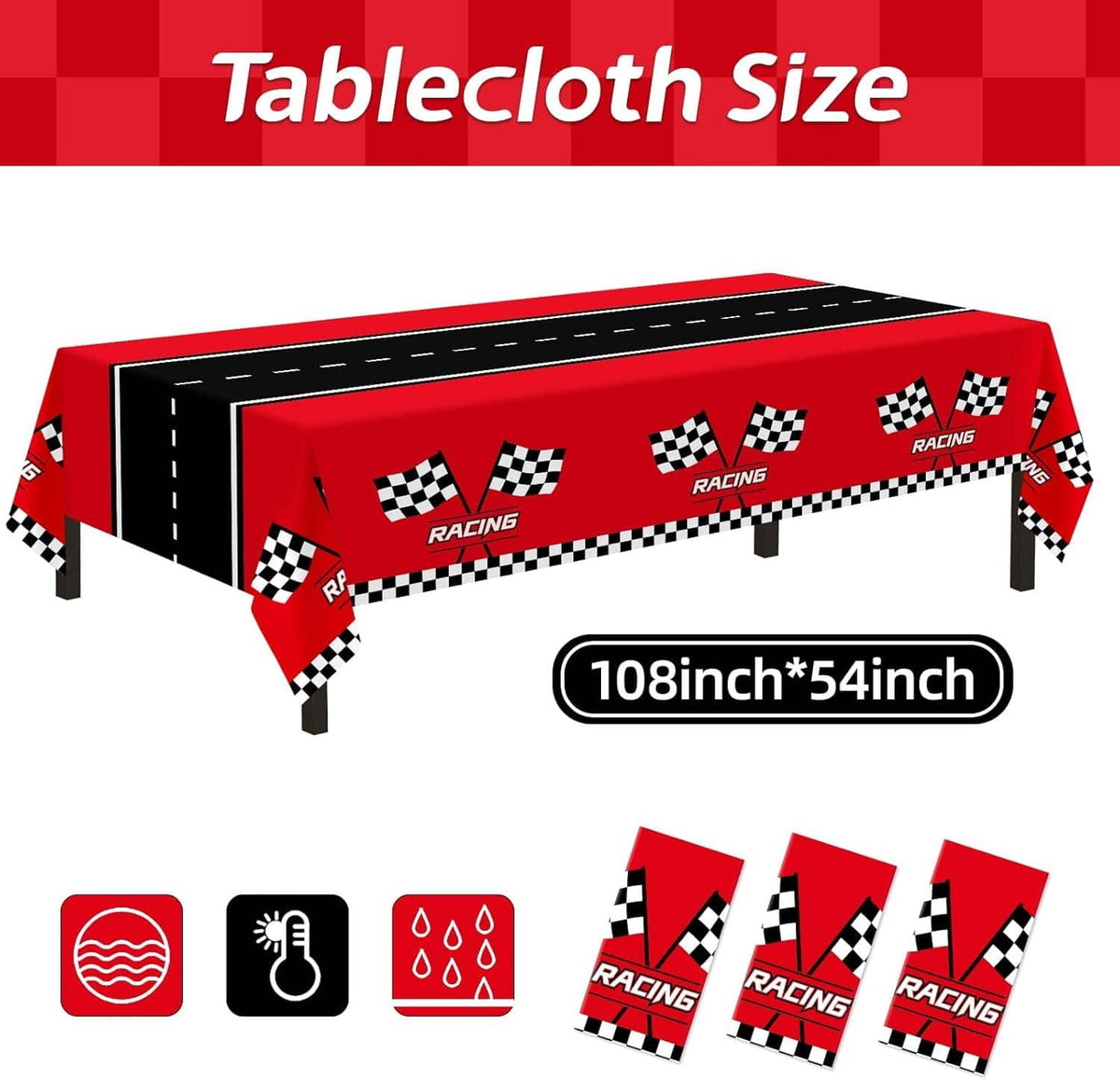 Racing car tablecloth size diagram showing 108x54 in measurements