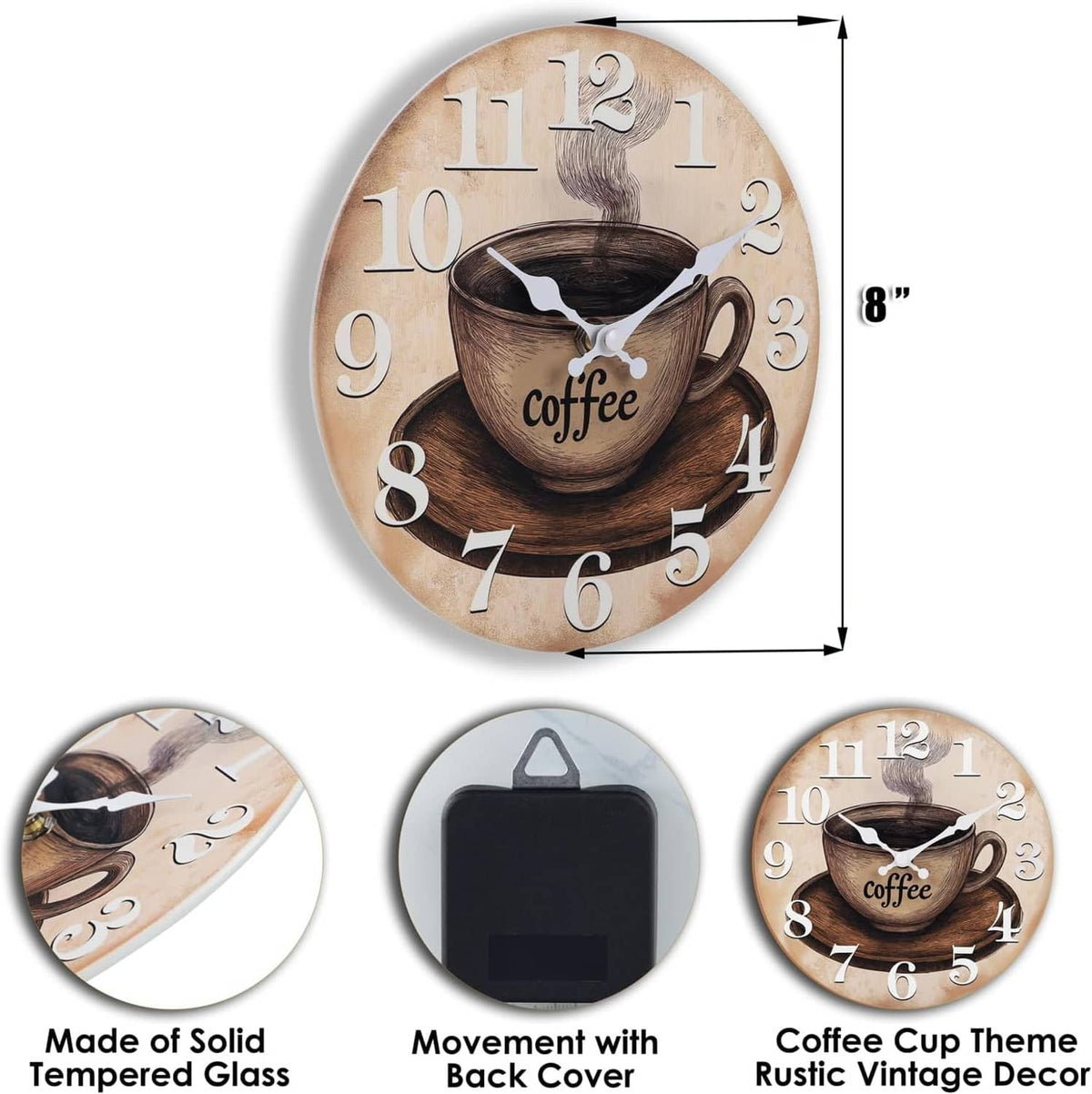 Coffee themed round wall clock with glass cover, Arabic numerals, and white hands