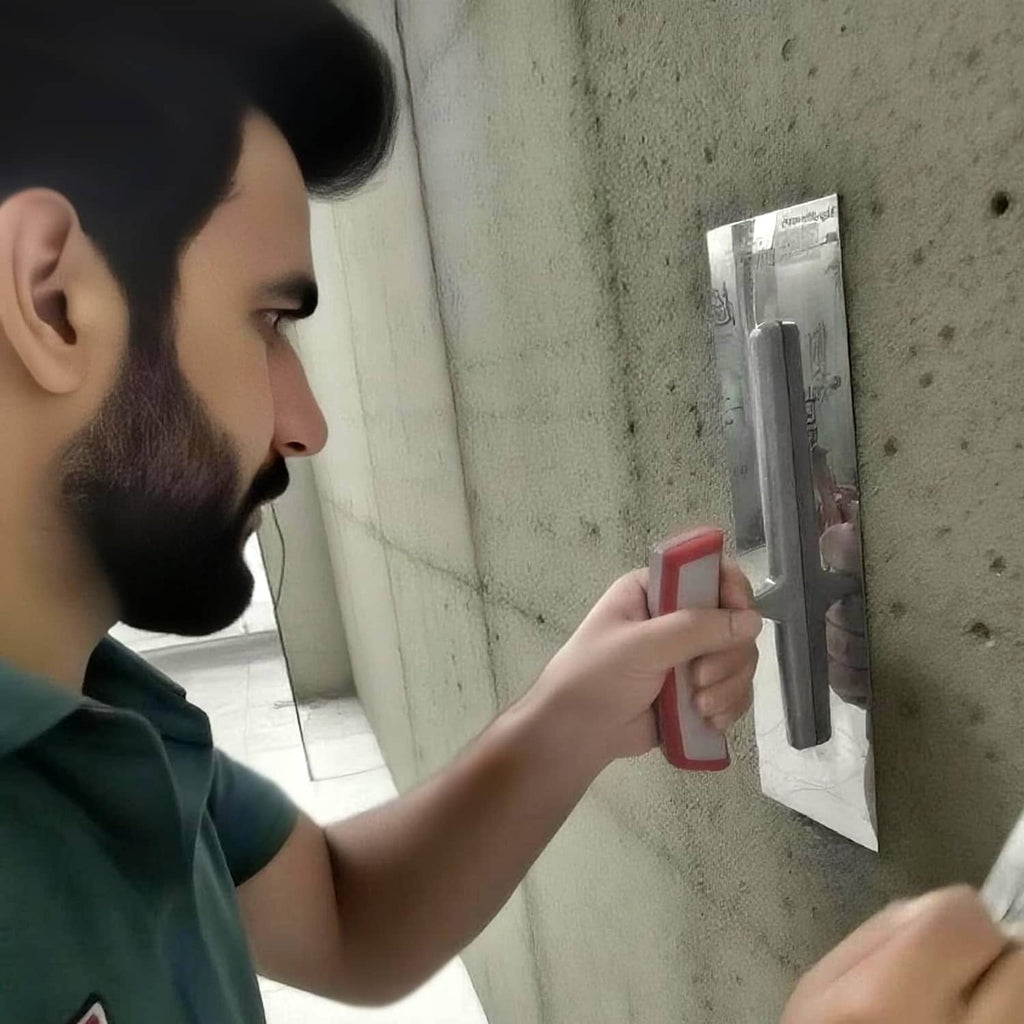 Concrete finishing trowel leveling mortar near a wall corner.