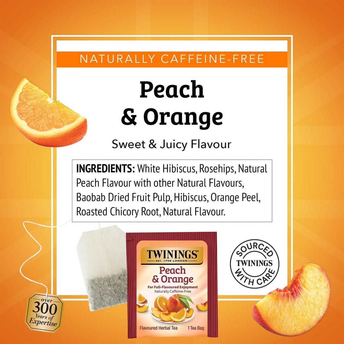 Twinings Peach & Orange caffeine-free herbal tea bag with ingredients panel