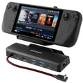 Black gaming HDMI docking station with multiport base and red-braided Type-C cable