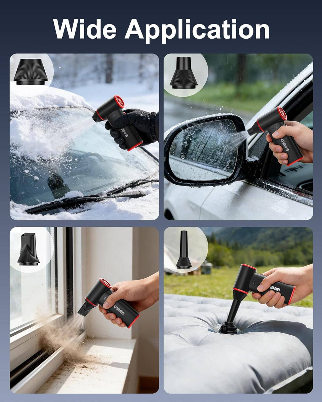 Handheld air duster with interchangeable nozzle head, black body with red trim