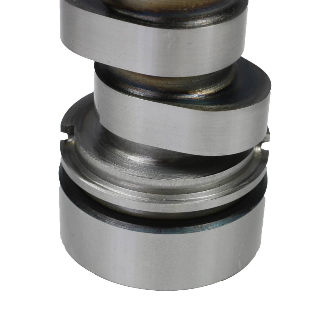 Engine camshaft with stacked lobes and machined metal bearing journals