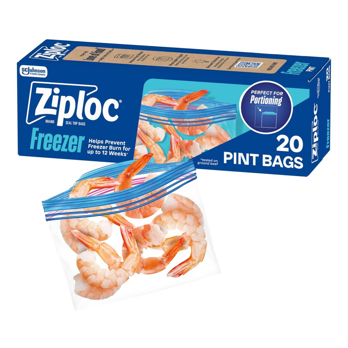 Pint freezer storage box with clear bags and shrimp illustration