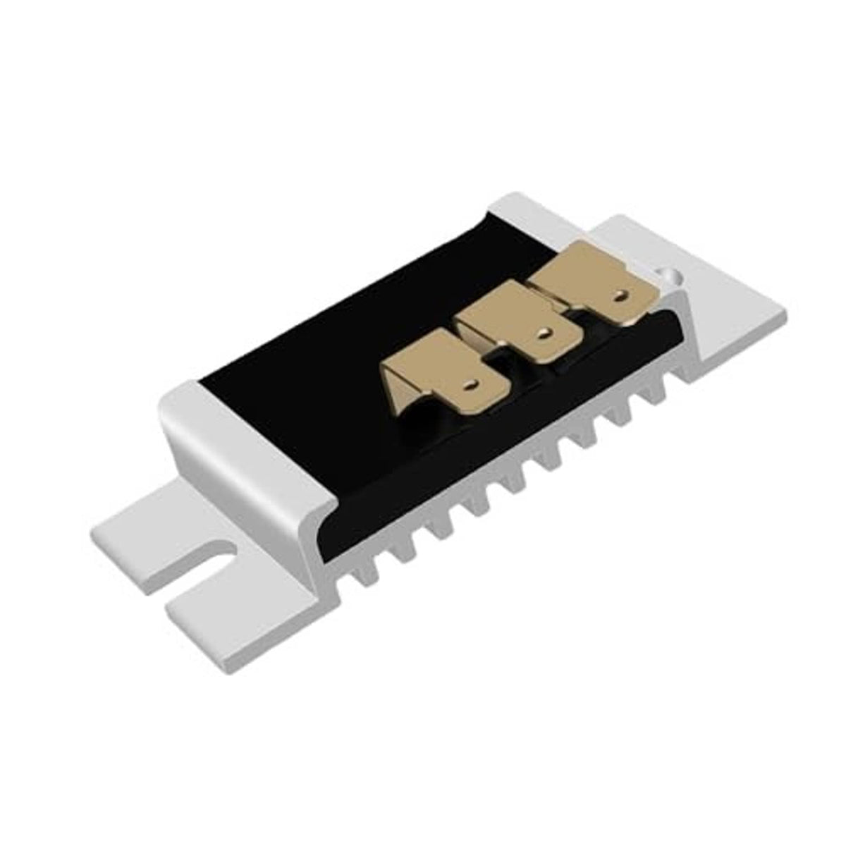 Voltage regulator rectifier angled view, black center with gold terminals on silver frame