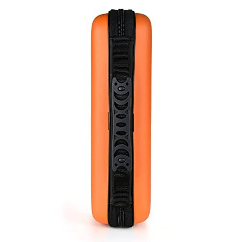 Orange CD case with black strap and molded grip ridges