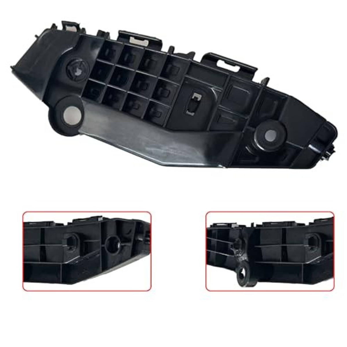 Black bumper bracket with molded ribs, side mounting tab and circular hole points