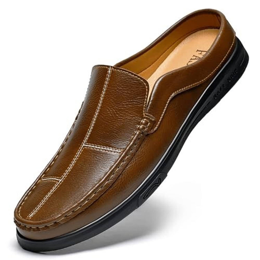Brown leather slip-on mule with stitched vamp panels and thick rubber sole