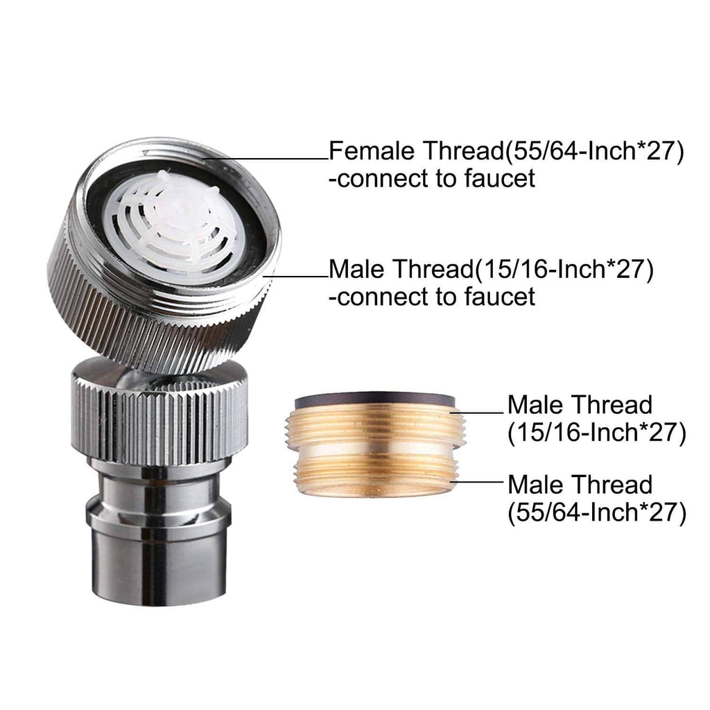 Chrome adapter showing male and female threads with brass connector ring