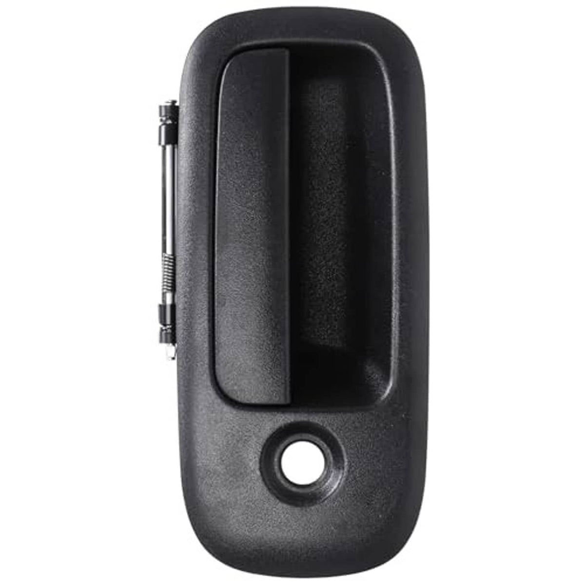 Black exterior door handle with side metal latch hardware and circular keyhole