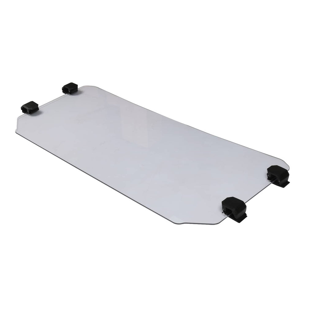 Clear front windshield with angled profile and four black mounting blocks