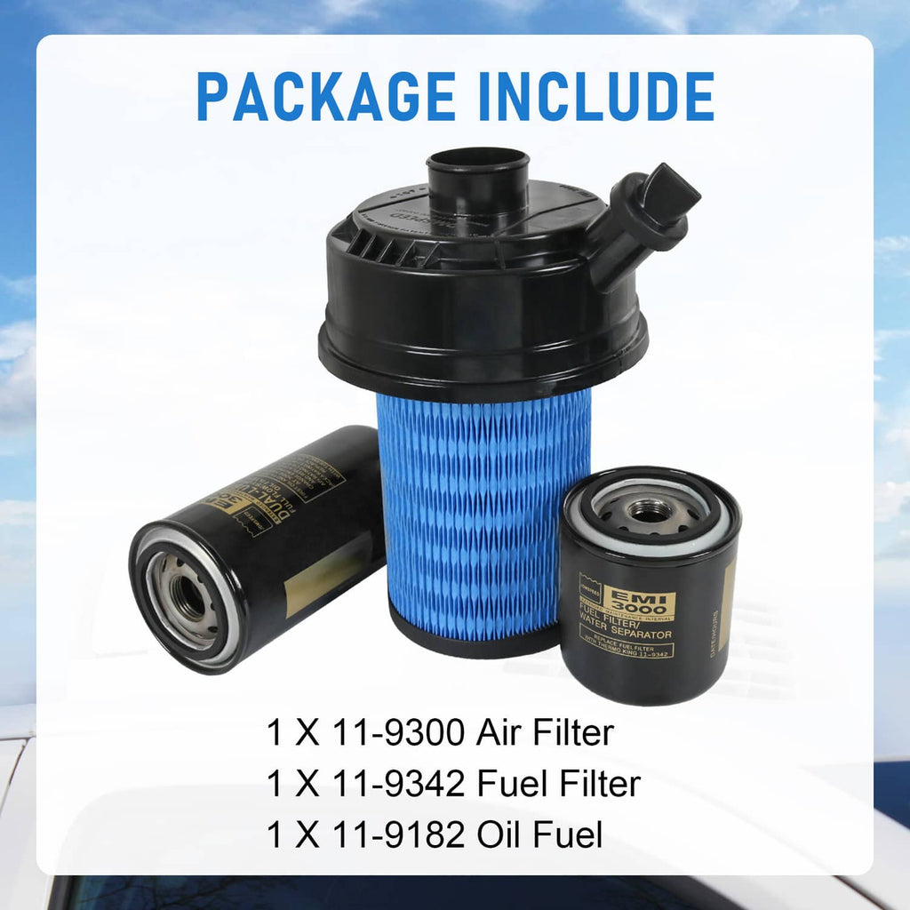 Filter kit package contents: blue air filter and black fuel and oil filters