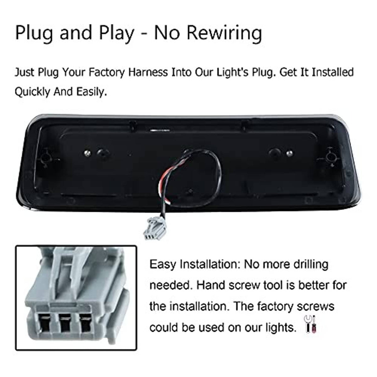 Back view of third brake LED light housing with wiring harness and plug connection