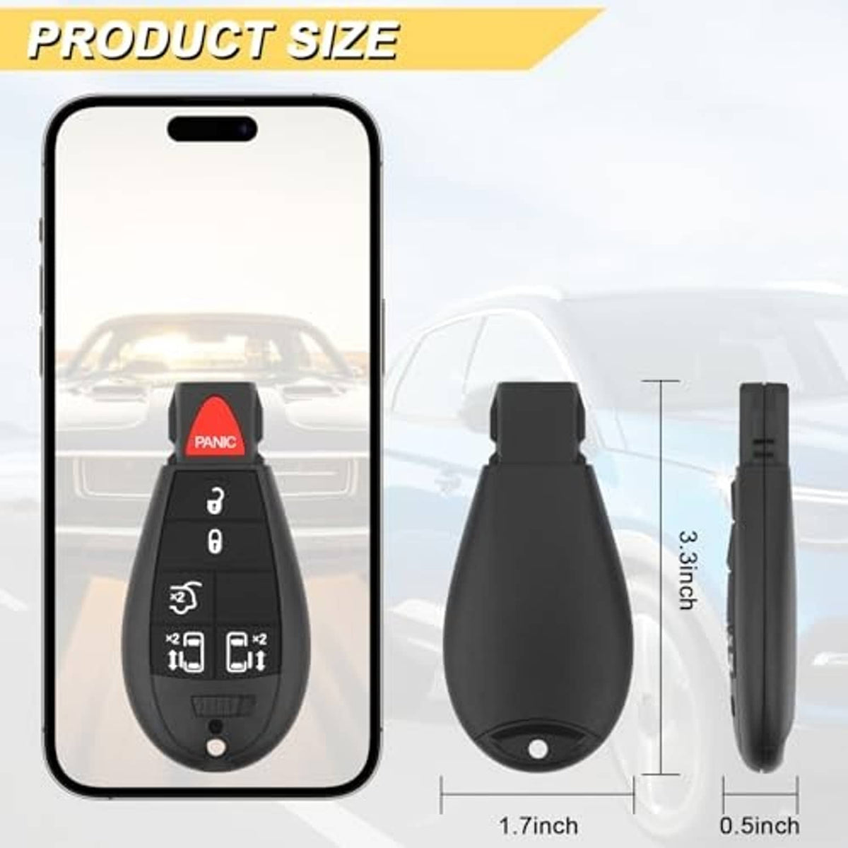 Black key fob remote with size diagram showing fob height and key blade length