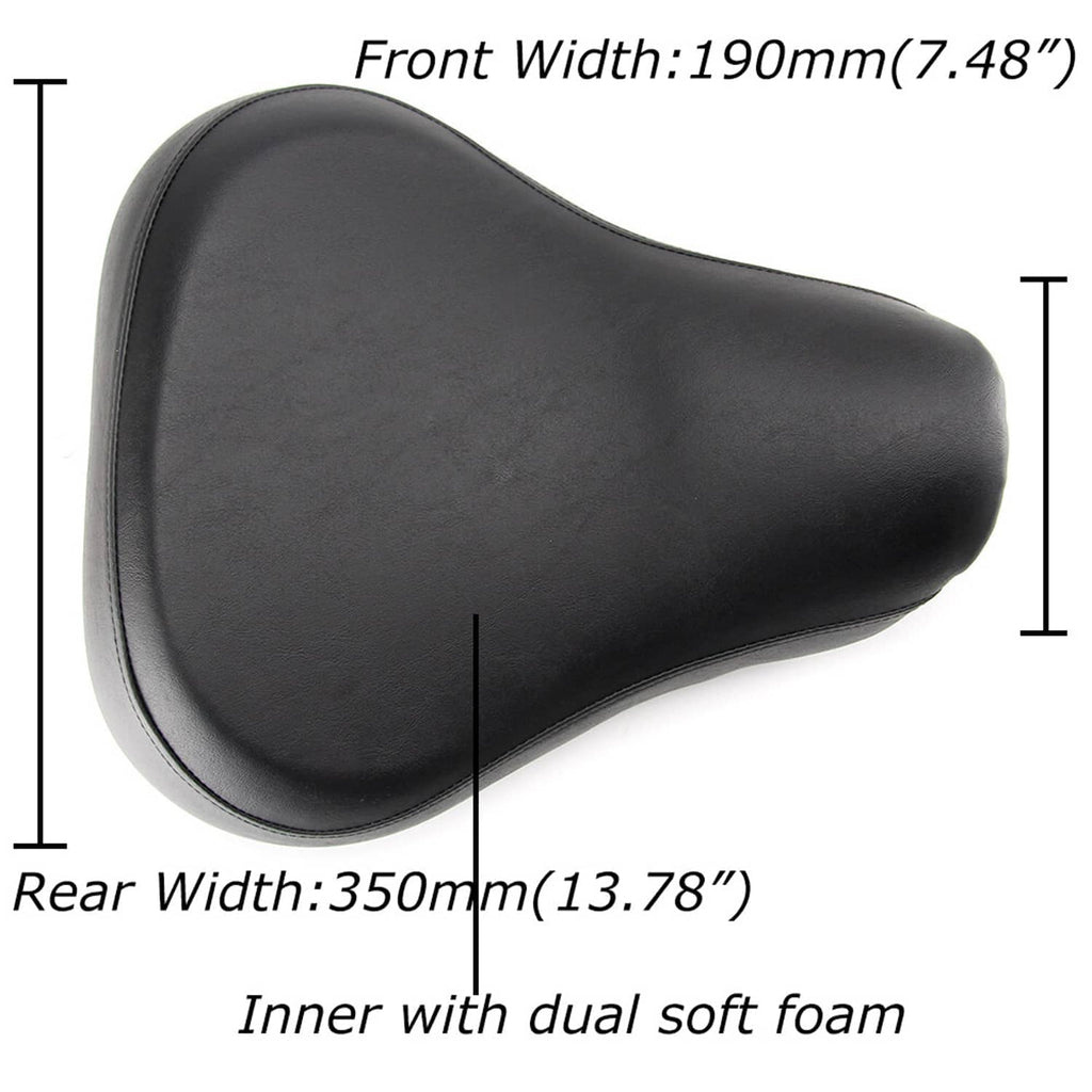 Black motorcycle solo seat with curved profile, padded cushion, and stitched seams.