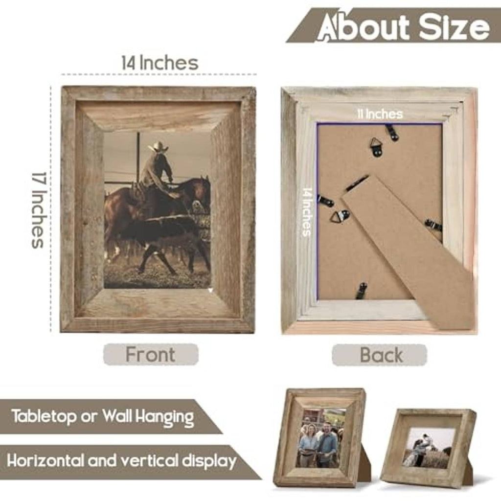 11x14 reclaimed barnwood photo frame, front/back and tabletop or wall-hanging view