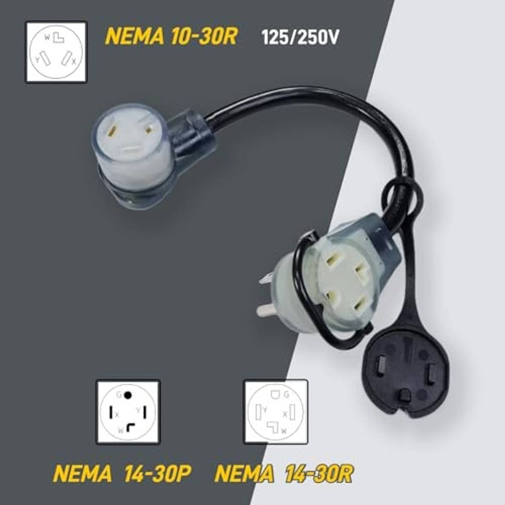 Dryer power adapter splitter showing NEMA-style connectors on gray and black plugs