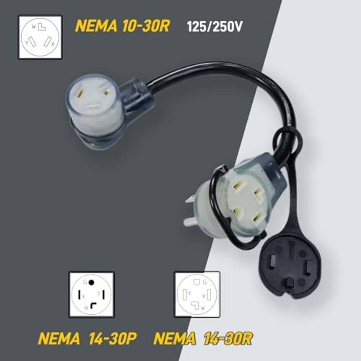 Dryer power adapter splitter showing NEMA-style connectors on gray and black plugs