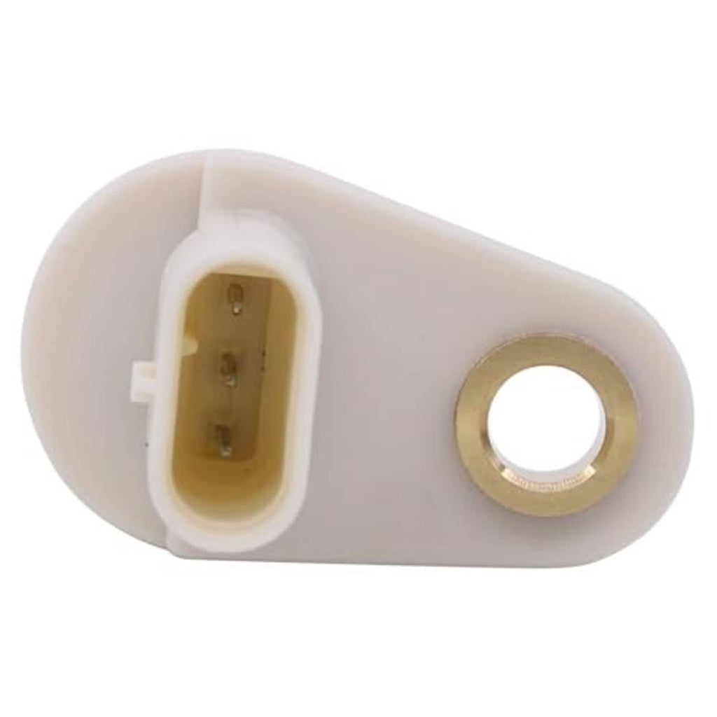 Camshaft position sensor side view with white plastic connector and gold metal ring