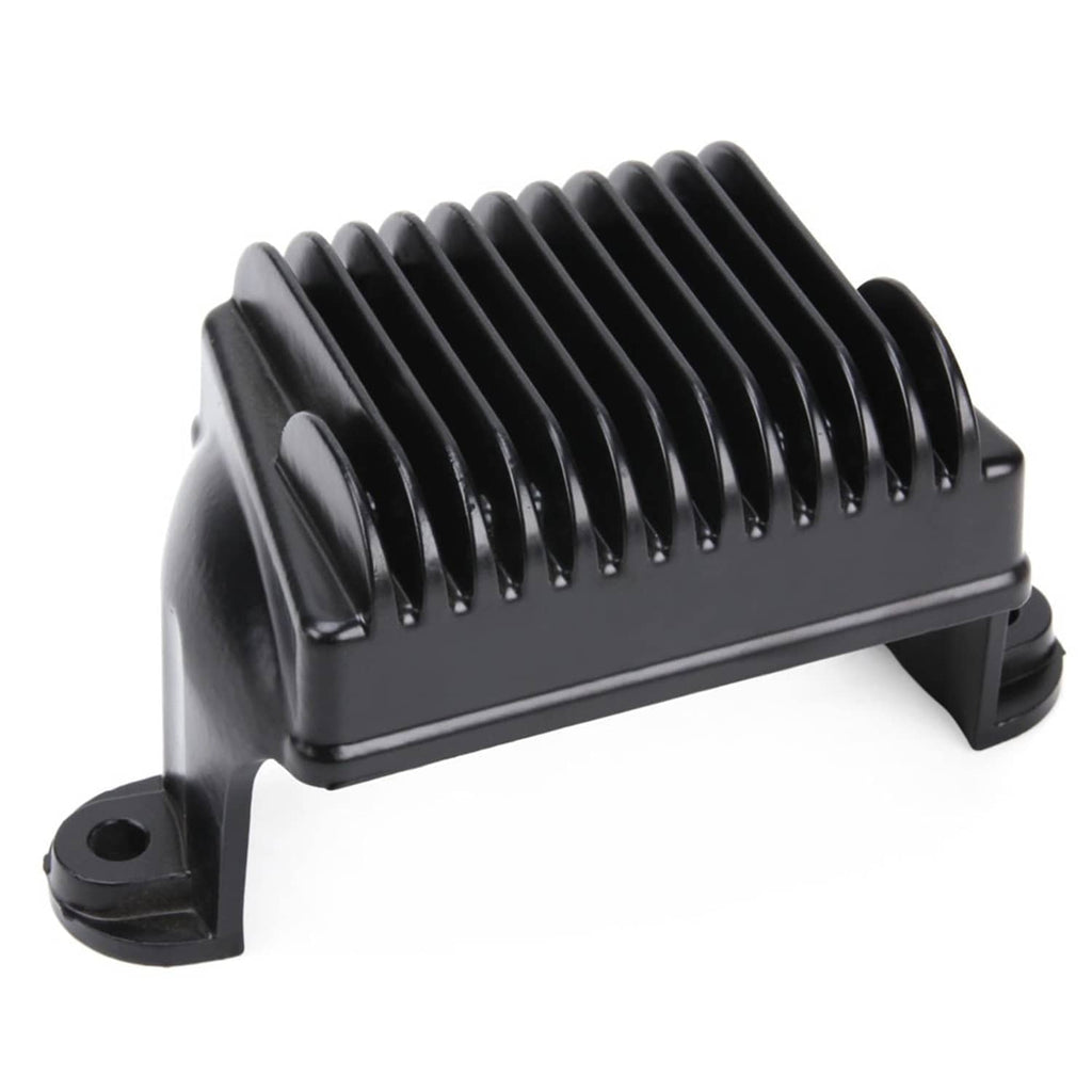 Black voltage regulator rectifier with angled cooling fins and rubberized side supports