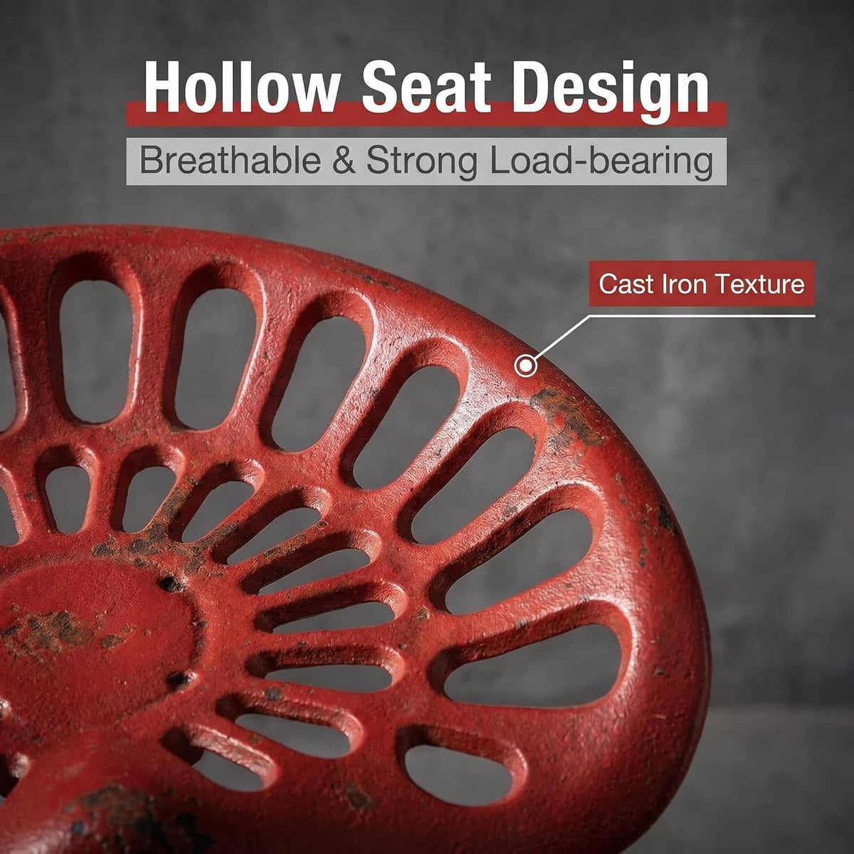 Red hollow perforated iron tractor seat with cast texture and open breathable design