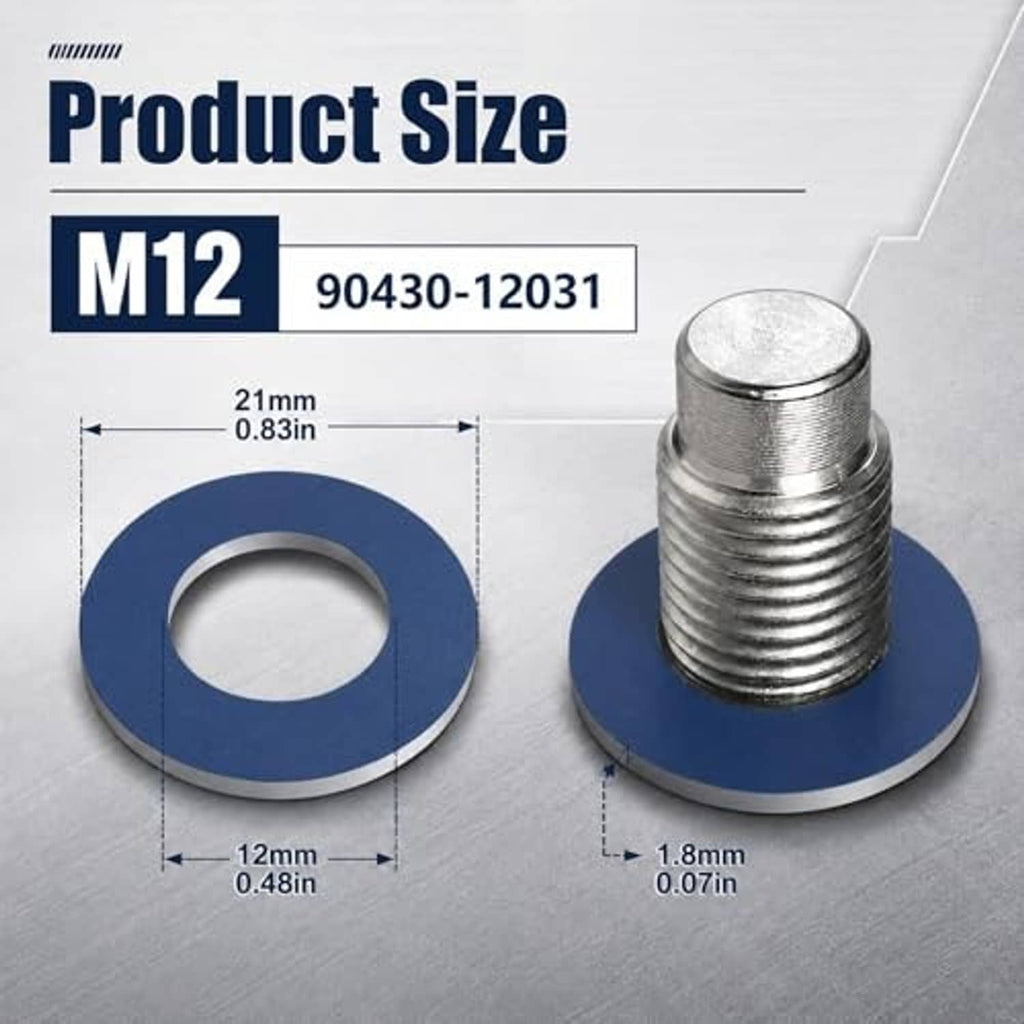 Blue oil drain plug gasket washer with metal bolt, shown with approximate size
