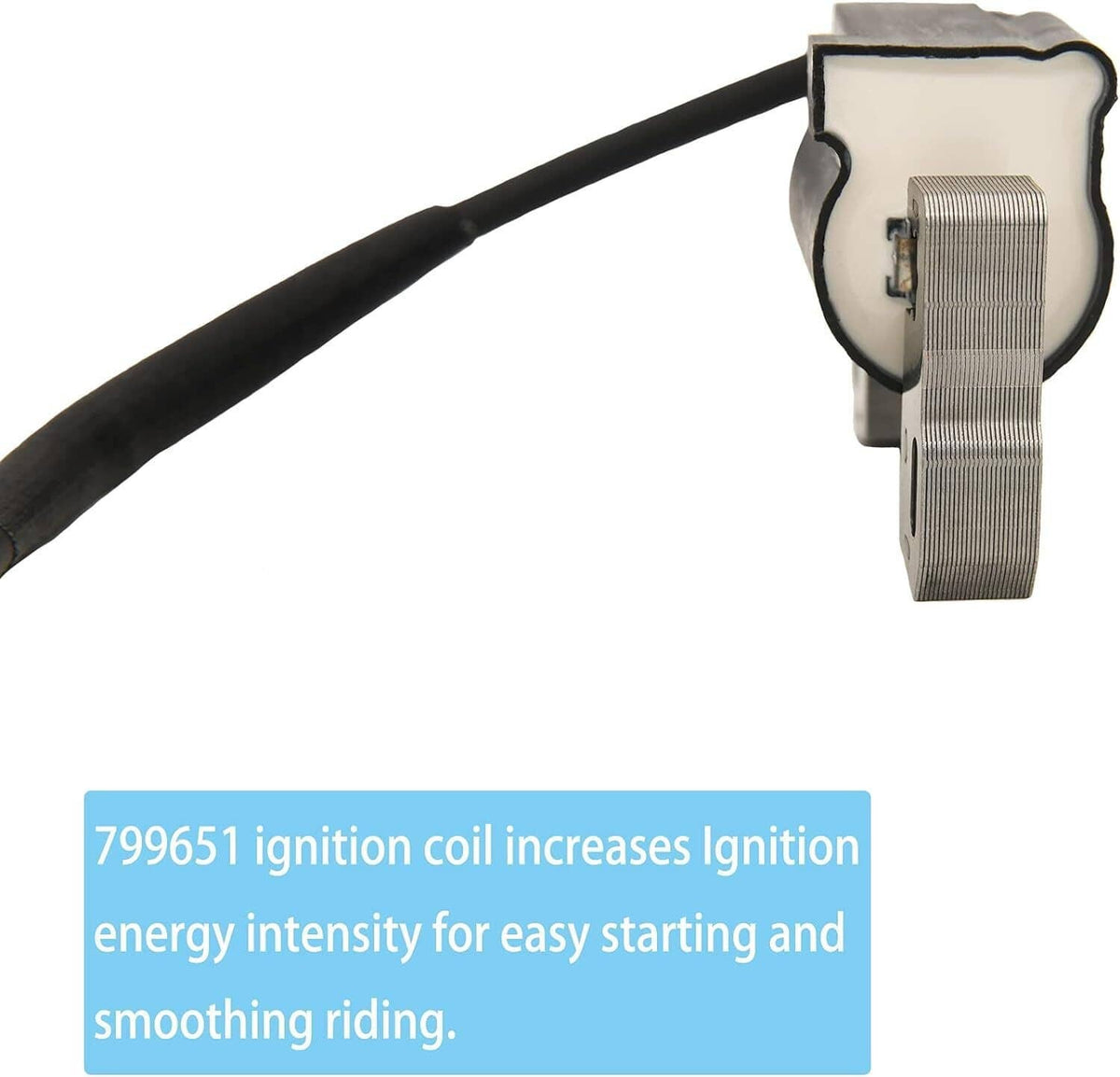 Ignition coil connector with black cable, metal bracket strap, and spring clamp