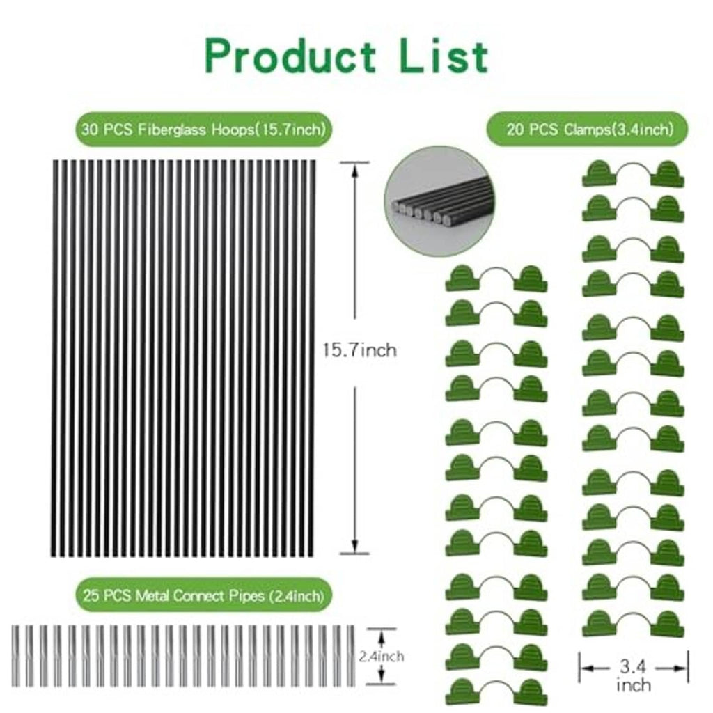 Product graphic showing fiberglass hoop rods and green clamps for garden grow tunnel
