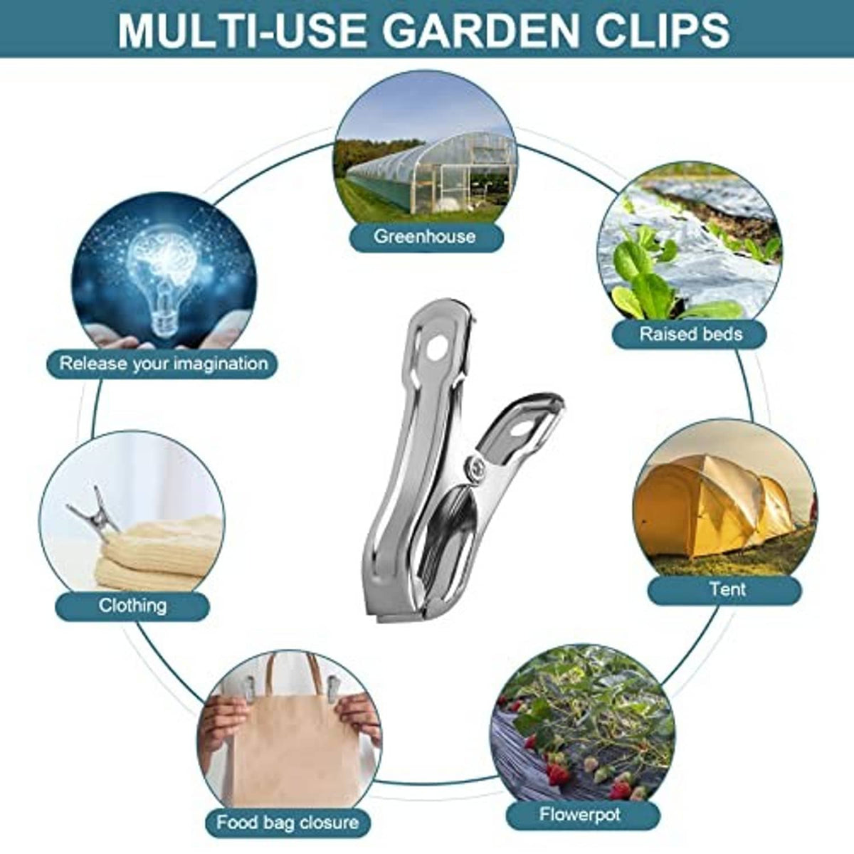 Stainless steel multi-use garden clamp clip with spring latch, shown with use-case icons