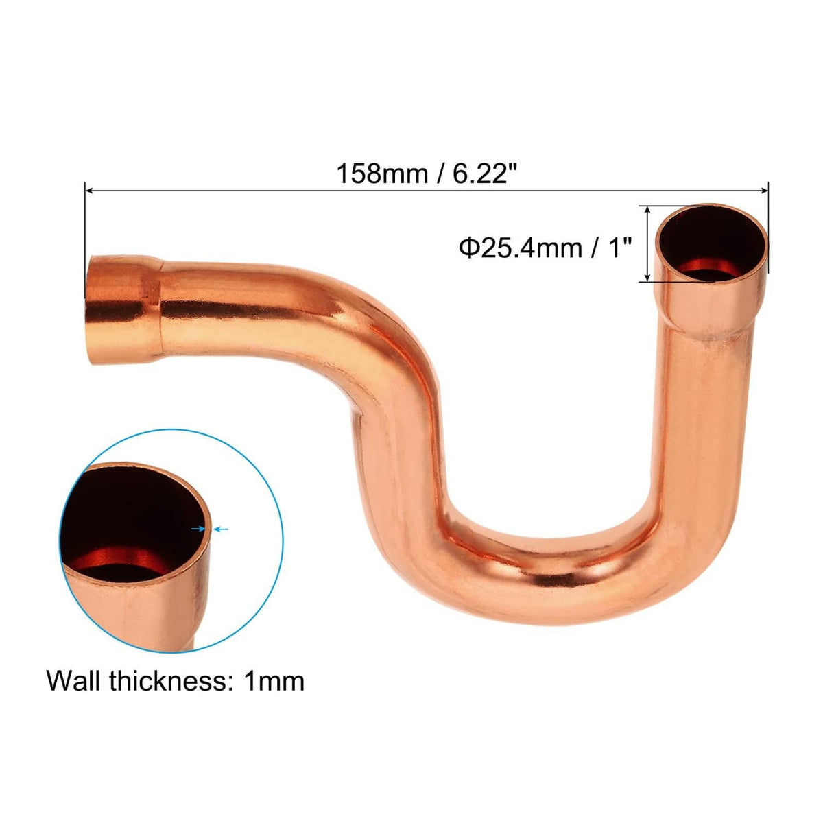 Copper P-trap fitting with 1-inch ID sweat connection