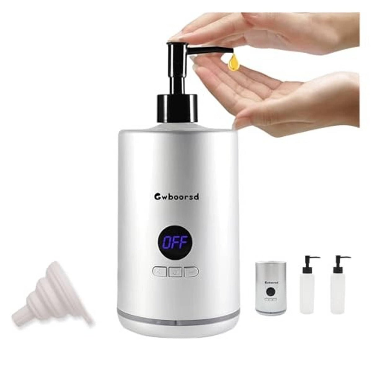 Silver oil warmer pump with glowing OFF control screen and hand inserting dropper