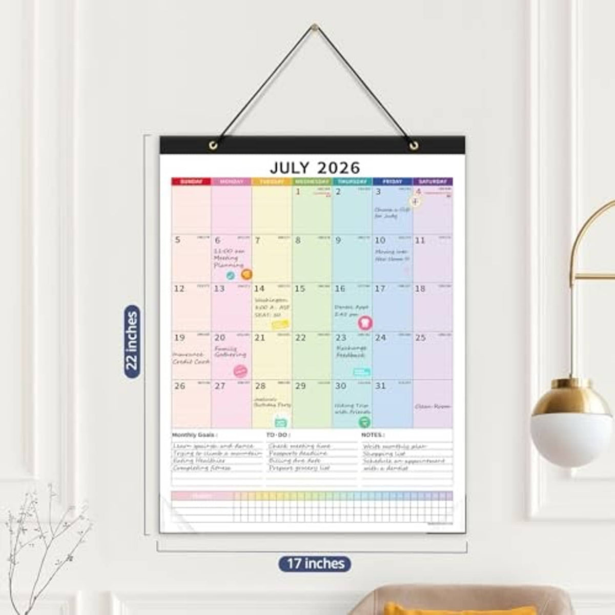 Hanging July 2026 wall calendar, 22-inch vertical with 17-inch width label