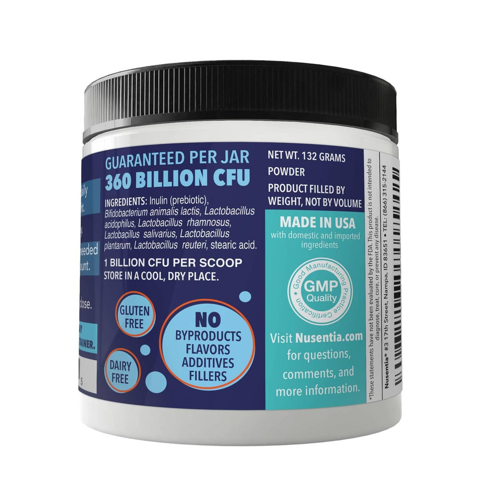 Probiotic supplement jar back label with guaranteed CFU per scoop and made in USA