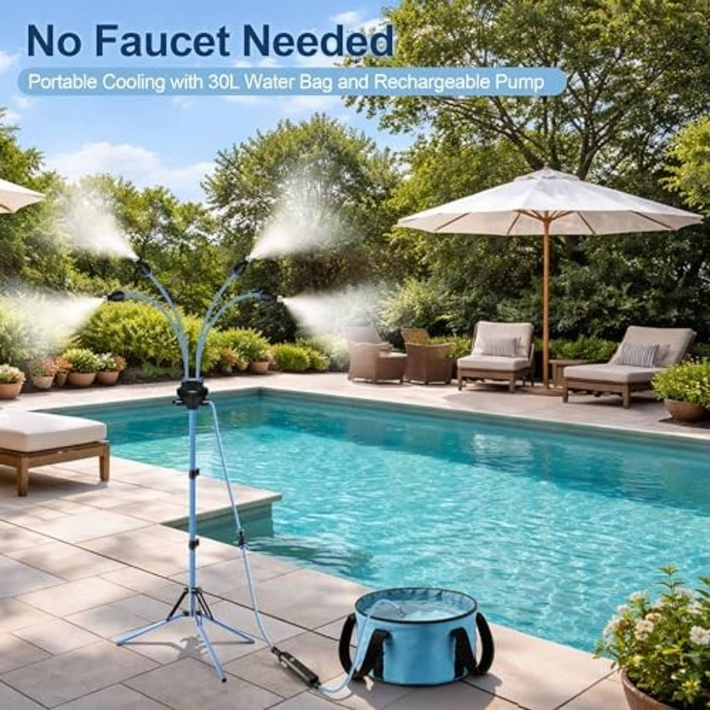Outdoor portable misting stand with cool blue reservoir spraying fine mist near pool