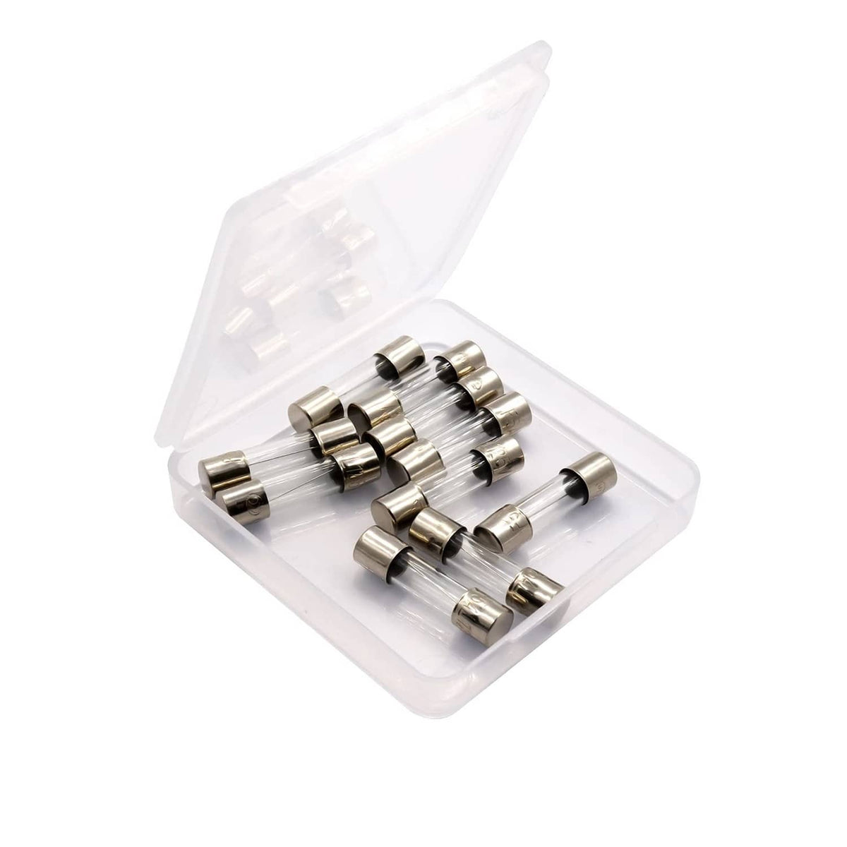 Plastic storage box filled with glass fast-blow fuses