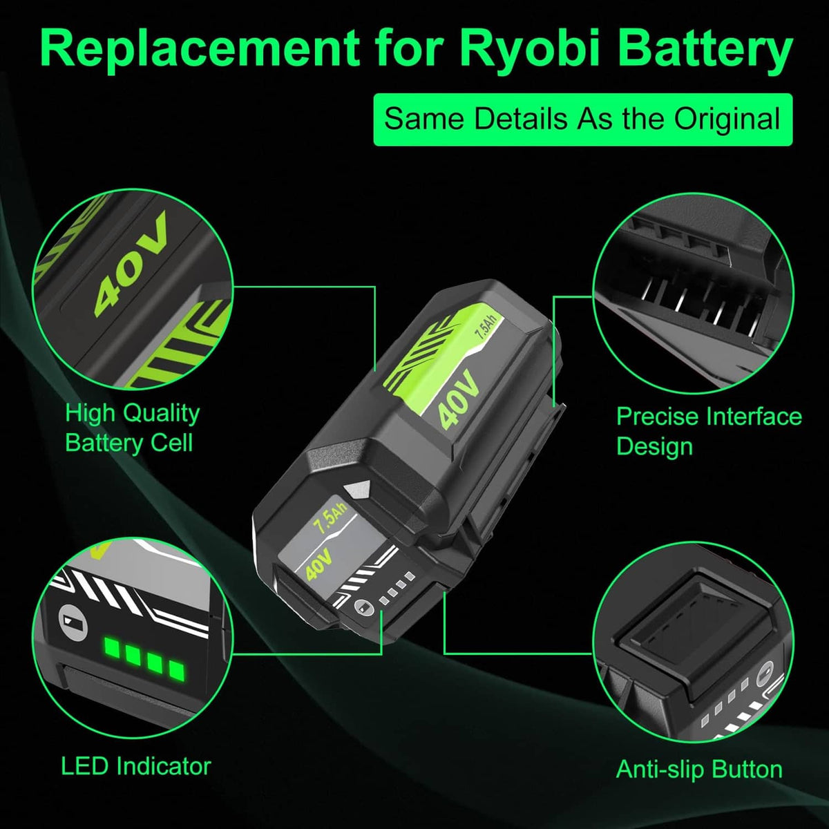 40V lithium-ion replacement battery pack with LED indicator and anti-slip button detail