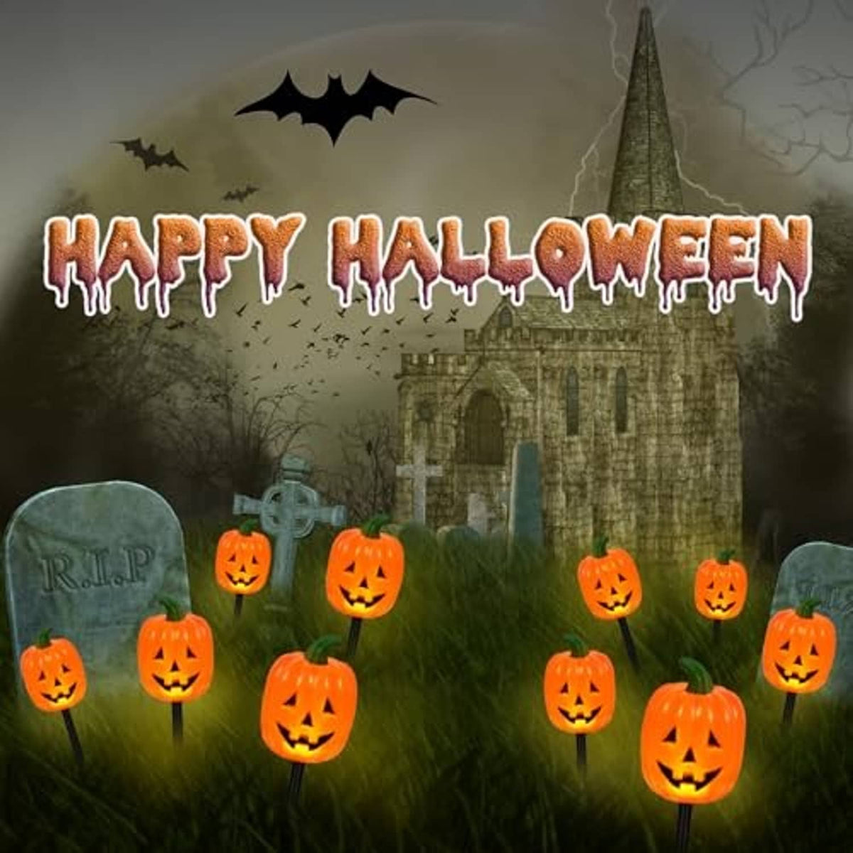 Pumpkin stake lights with glowing jack-o'-lantern faces scattered in yard