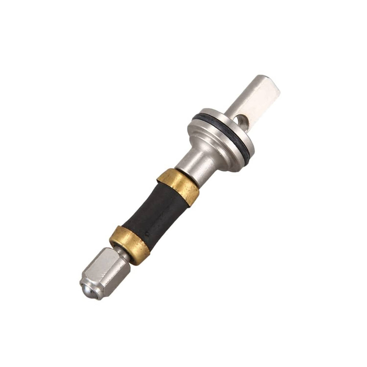 Stainless steel replacement part with black handle section and brass collar