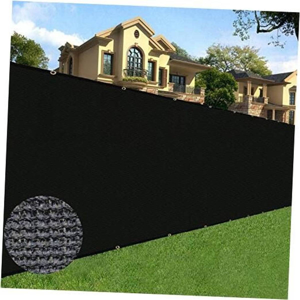 Black privacy screen fence panel with metal grommets along the top edge